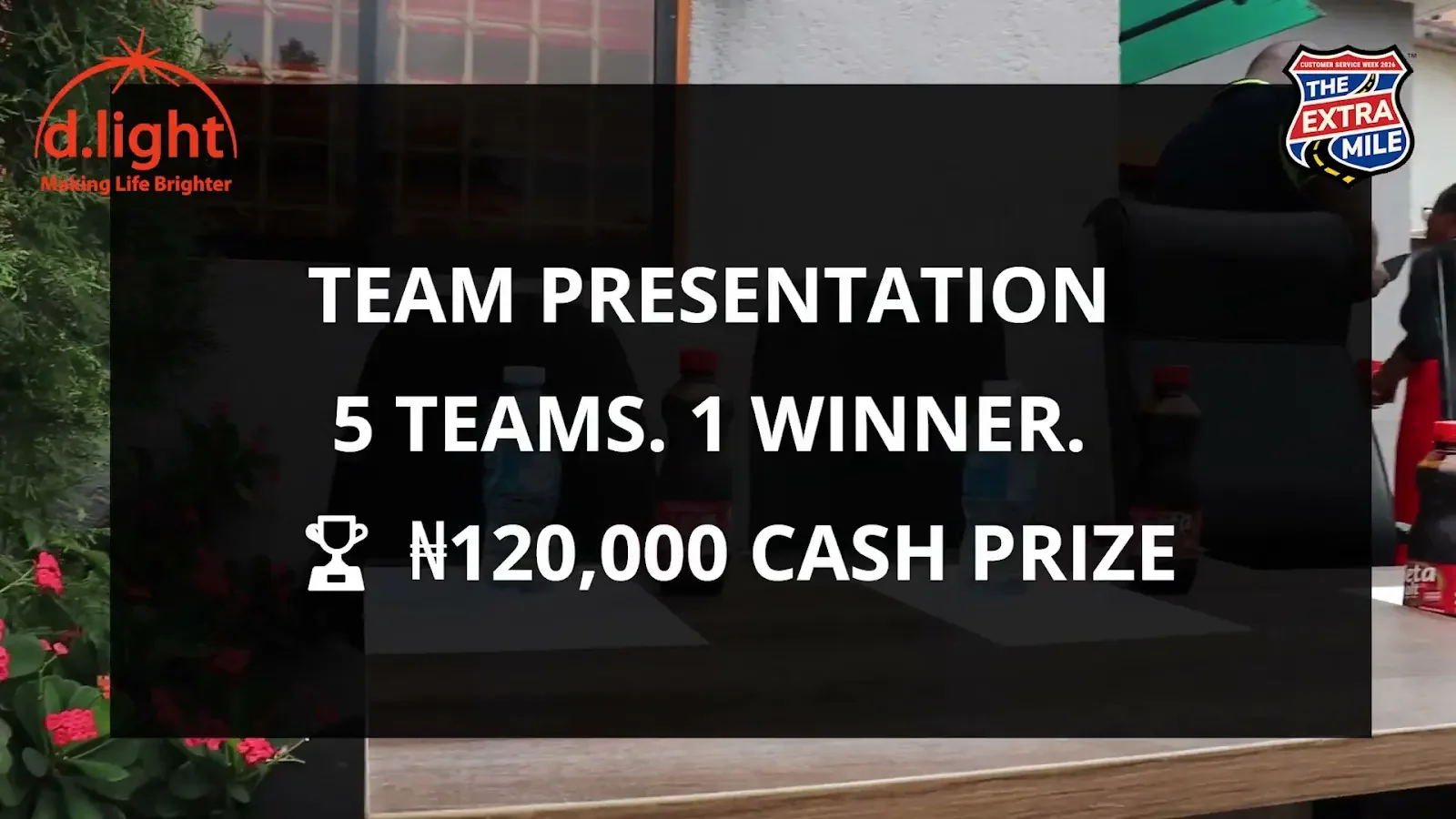 The team presentation title appears over colleagues gathered outside; a frame from The extra mile in our own words.